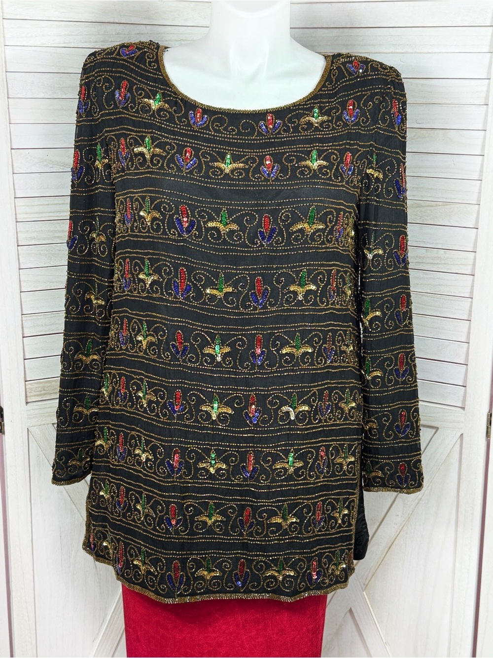 Vintage 80s Papell Boutique Beaded Silk Tunic Top Black Multi XL Formal Evening